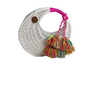 Handwoven White Wicker Purse Womens Medium Circle Bag Colorful Tassel Boho Beach